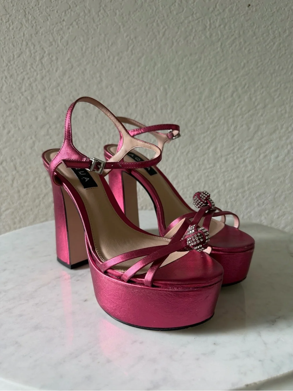 AQUA Metallic Pink Rhinestone Knot Platform Heels Size 7B Y2K-style